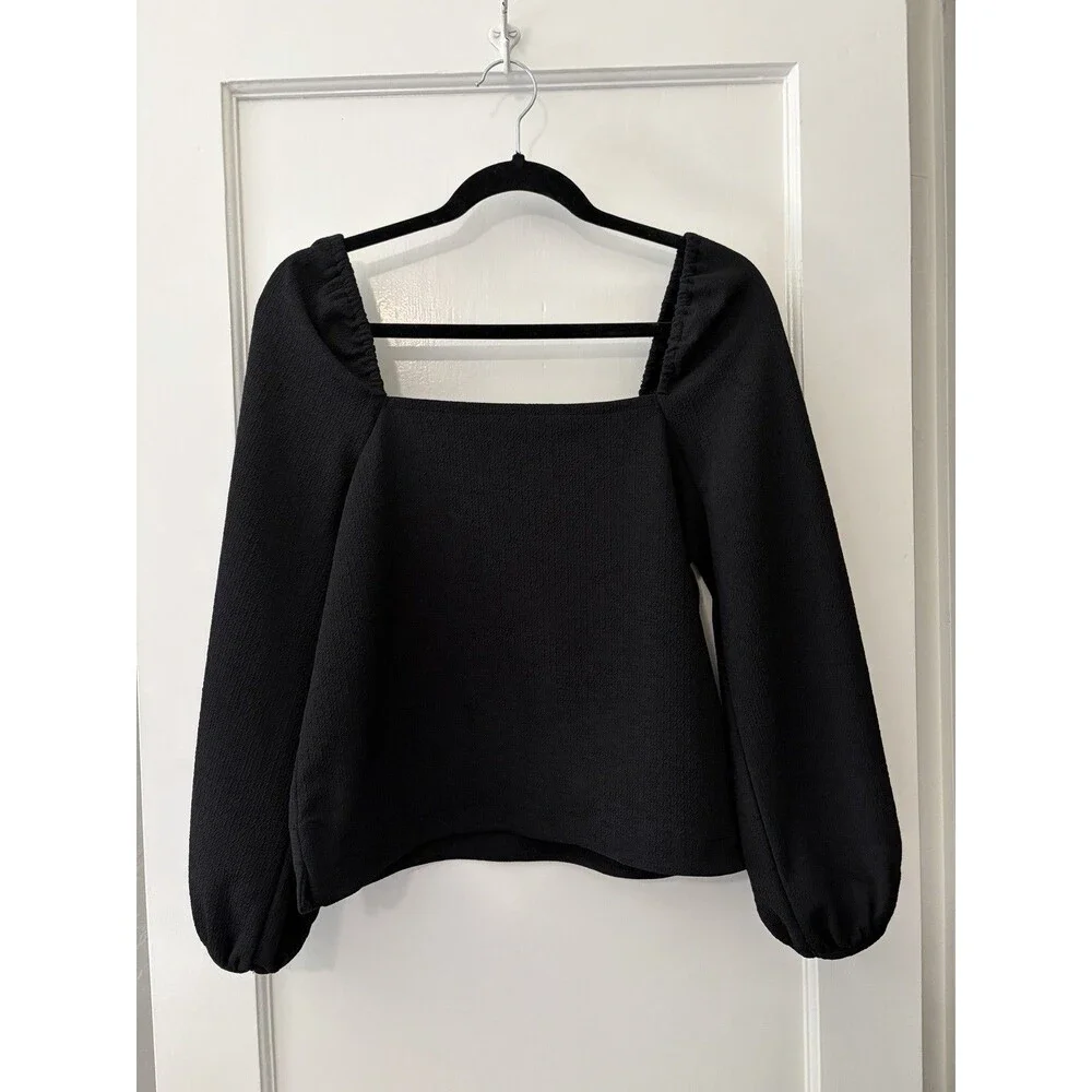 Madewell EUC Black Top Blouse XS Square Neck Puff Sleeve Romantic Feminine